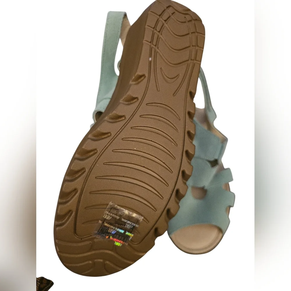 SKECHERS Shoes 9 STYLIN Memory Foam Mint Platform Wedge Slingback Suede NEW
